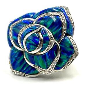 Gilson Opal Blue Flower Ring Sterling Silver size 8